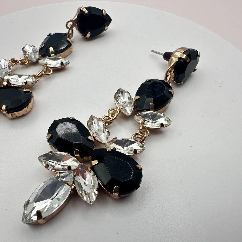 Vintage 90s Gold Tone Dangle Earrings Black &Clear Glass Women's Fashion Jewelry